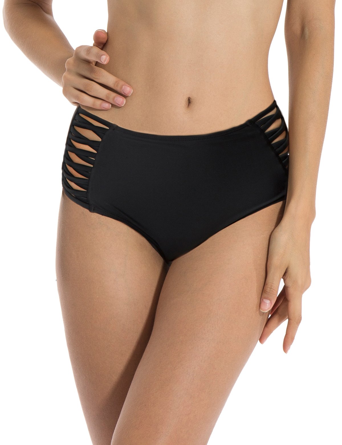 RELLECIGA Women's High Waisted Strap Bikini Bottom, M, Black