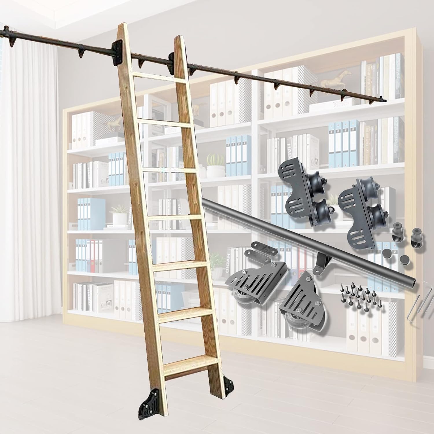 3.3ft-20ft Rolling Ladder Library Full Set Hardware(No Ladder), Mobile Ladder Track for Home/Indoor/Loft， Sliding Barn Door Kit Round Tube Track/Rail, with Floor Roller Wheels