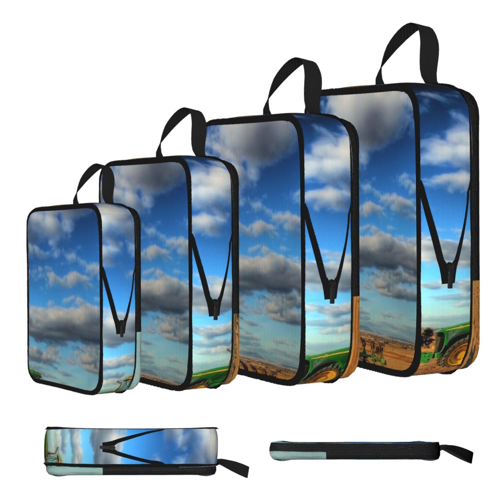 Fantasy Farm Tractor Print Compression Packing Cubes 4-Piece Set With Multi- Compartment Travel Bag, Waterproof Suitcase Organiser Bags