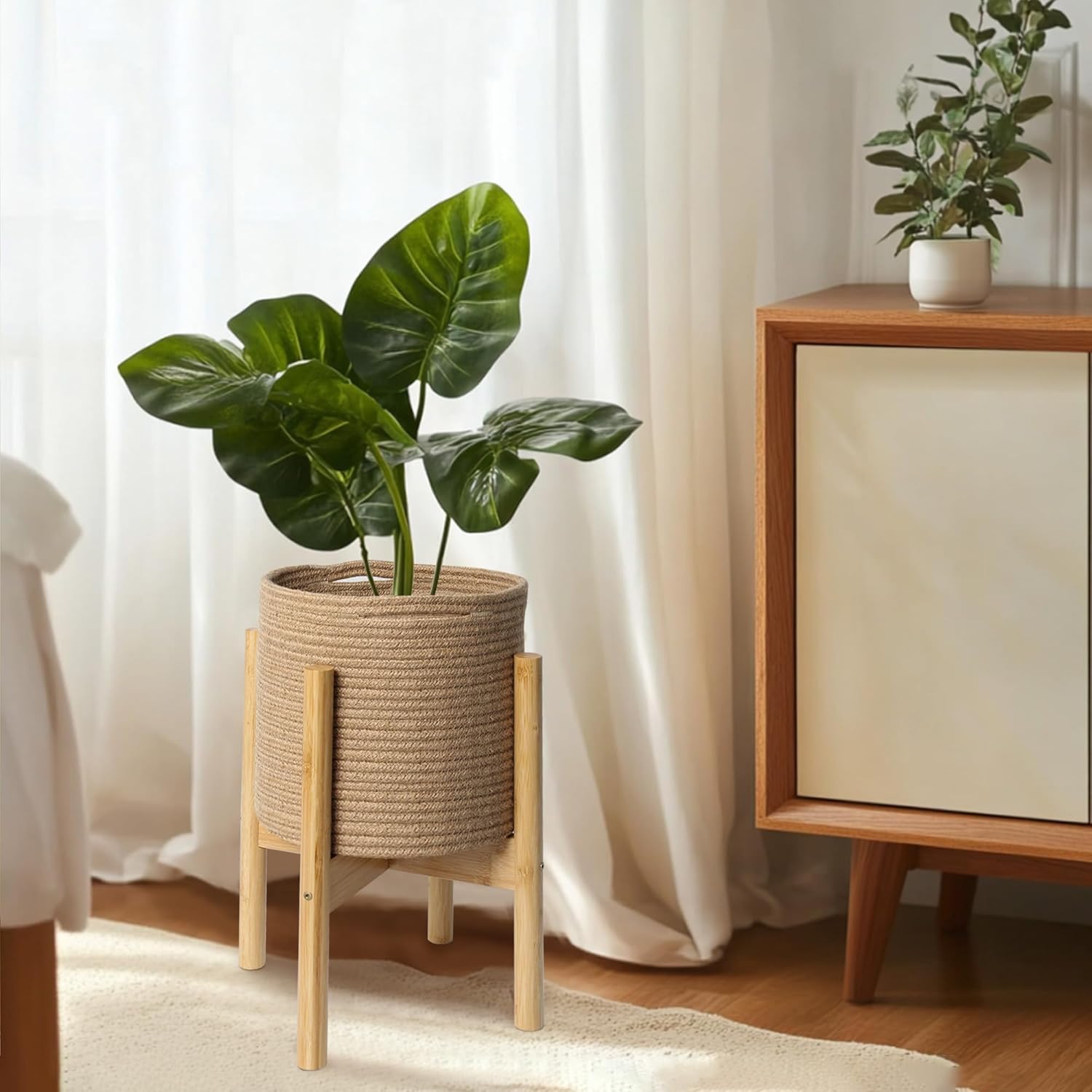 Plant Basket with Stand, Indoor Round Wicker Basket Plant with Bamboo Wood Stand, Decorative Woven Rope Flower Indoor Planter with Legs, Boho Bamboo Wood Planter Holder (Jute)