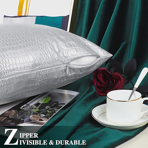 Miniatura 6 de BRAWARM Fundas de almohada de piel sintética de 12 x 20 pulgadas, paquete de 2 fundas de almohada de cuero plateado, almohadas lumbares decorativas