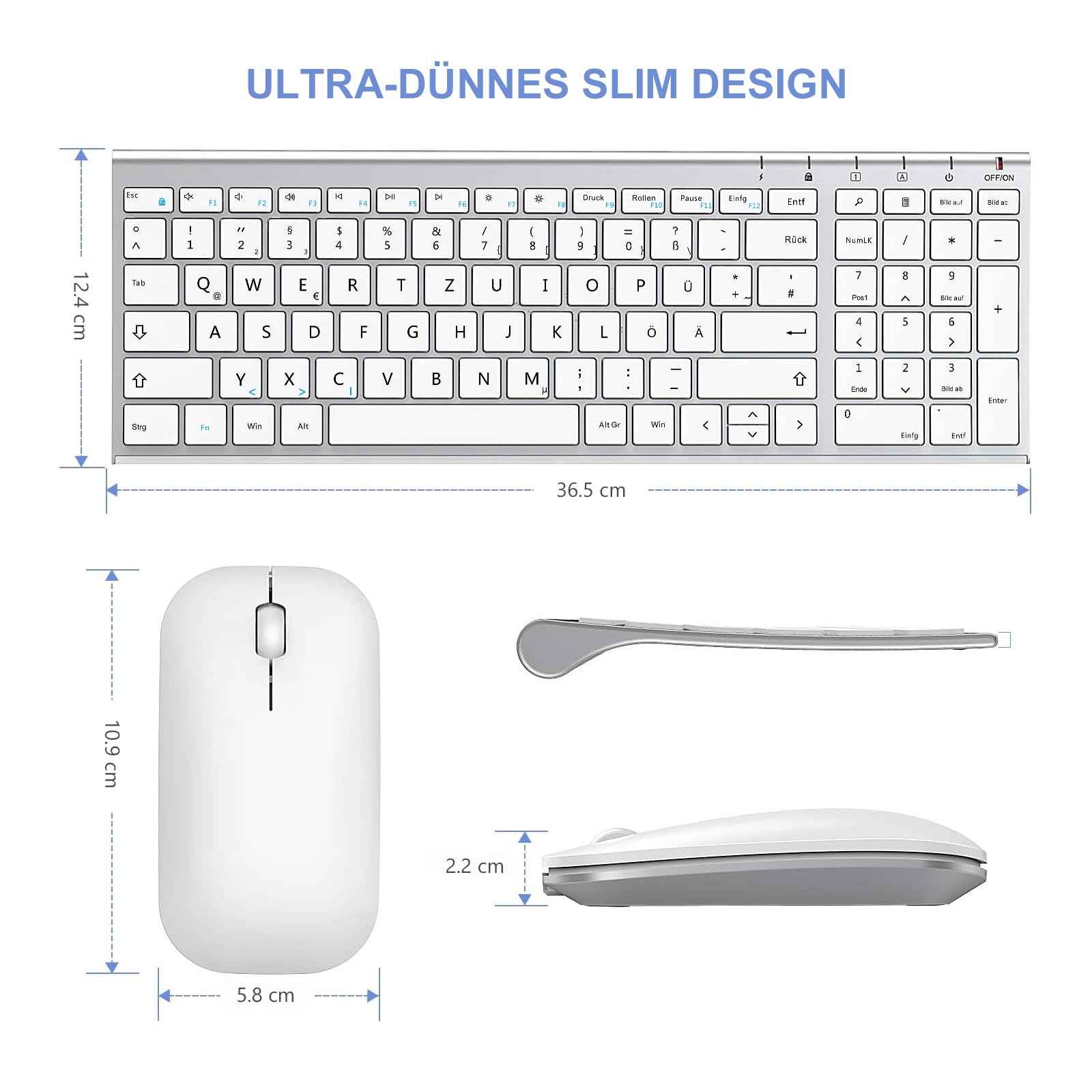 seenda WGJP-031B teclado ratón Set Inalámbrico, QWERTZ Layout, Blanco y Plata | Teclado de aluminio recargable con teclado inalámbrico compacto y ultrafino con ratón para PC, ordenador portátil, Smart TV