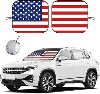 2 PCS Car Windshield Sun Shade, Auto Sun Heat and UV Rays Blocker, 28"×31" Foldable Automotive Front Window Sunshade Protector, Universal Vehicle Interior Accessories (Red Flag-M)