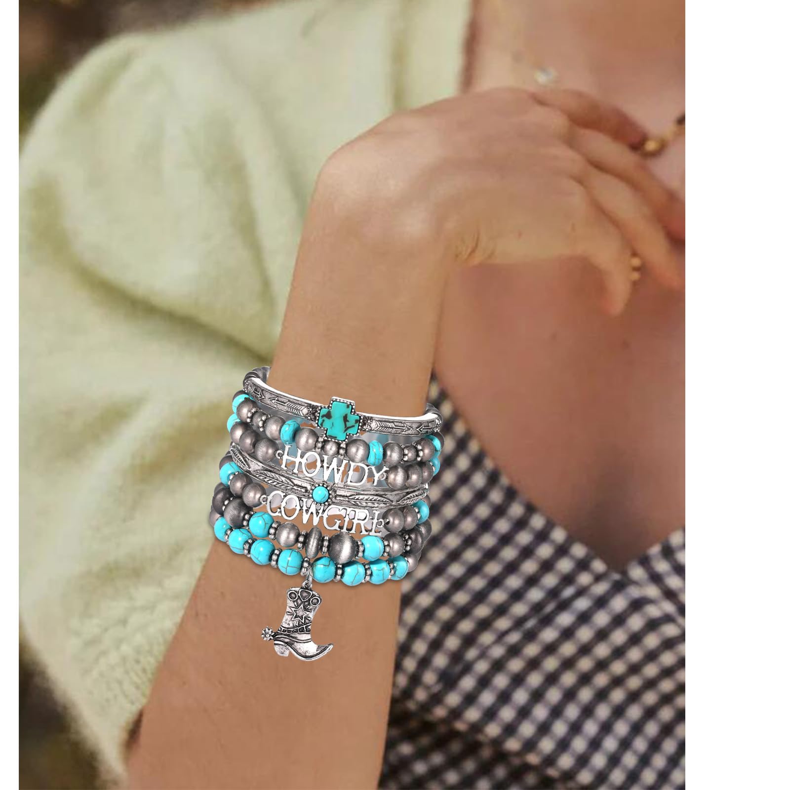 Pulsera de turquesa occidental, pulsera apilable hecha a mano con piedras preciosas para mujer, regalo de cumpleaños de Navidad, Plata, No es una piedra preciosa 6