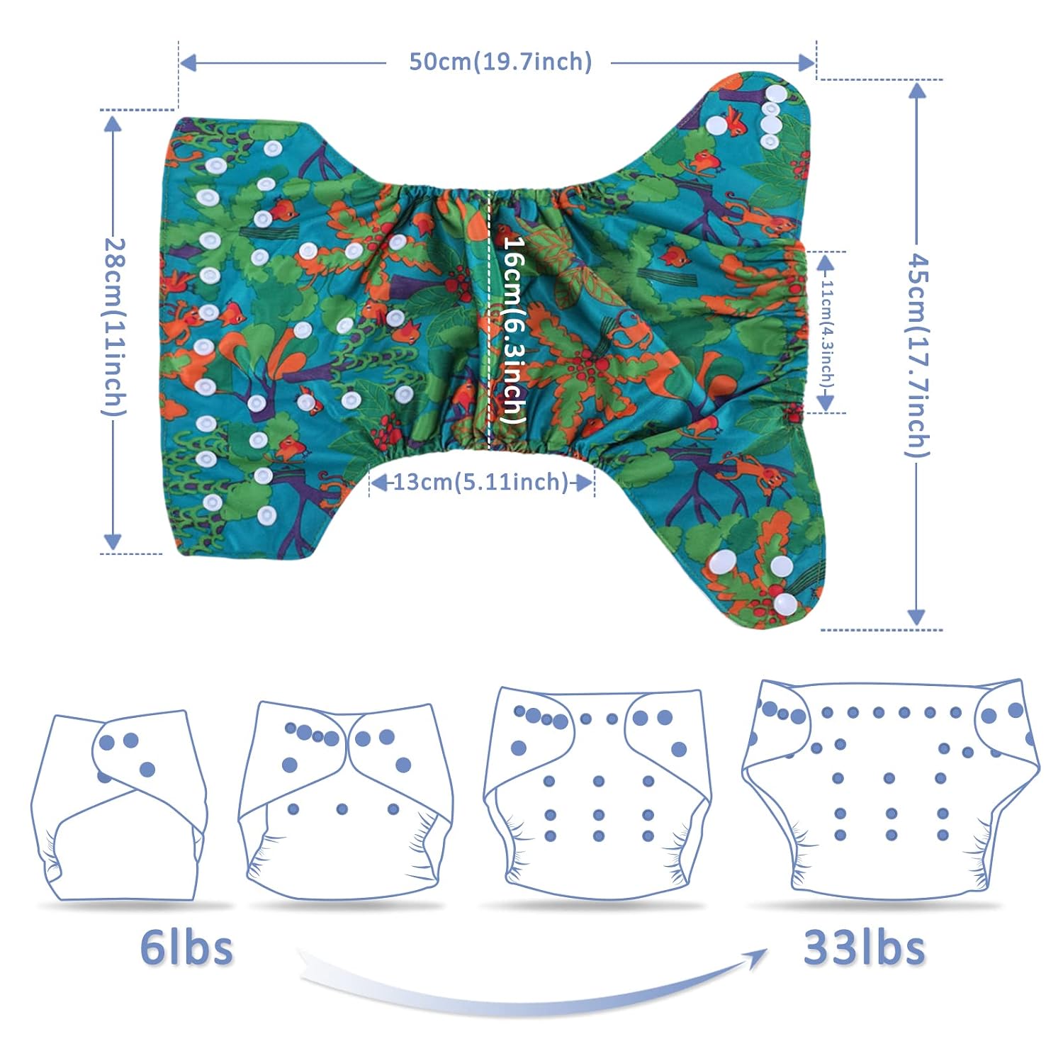 TDIAPERS Cloth Diapers Washable Reusable One Size Adjustable for Baby 6 Pack with 12 Charcoal Bamboo Inserts