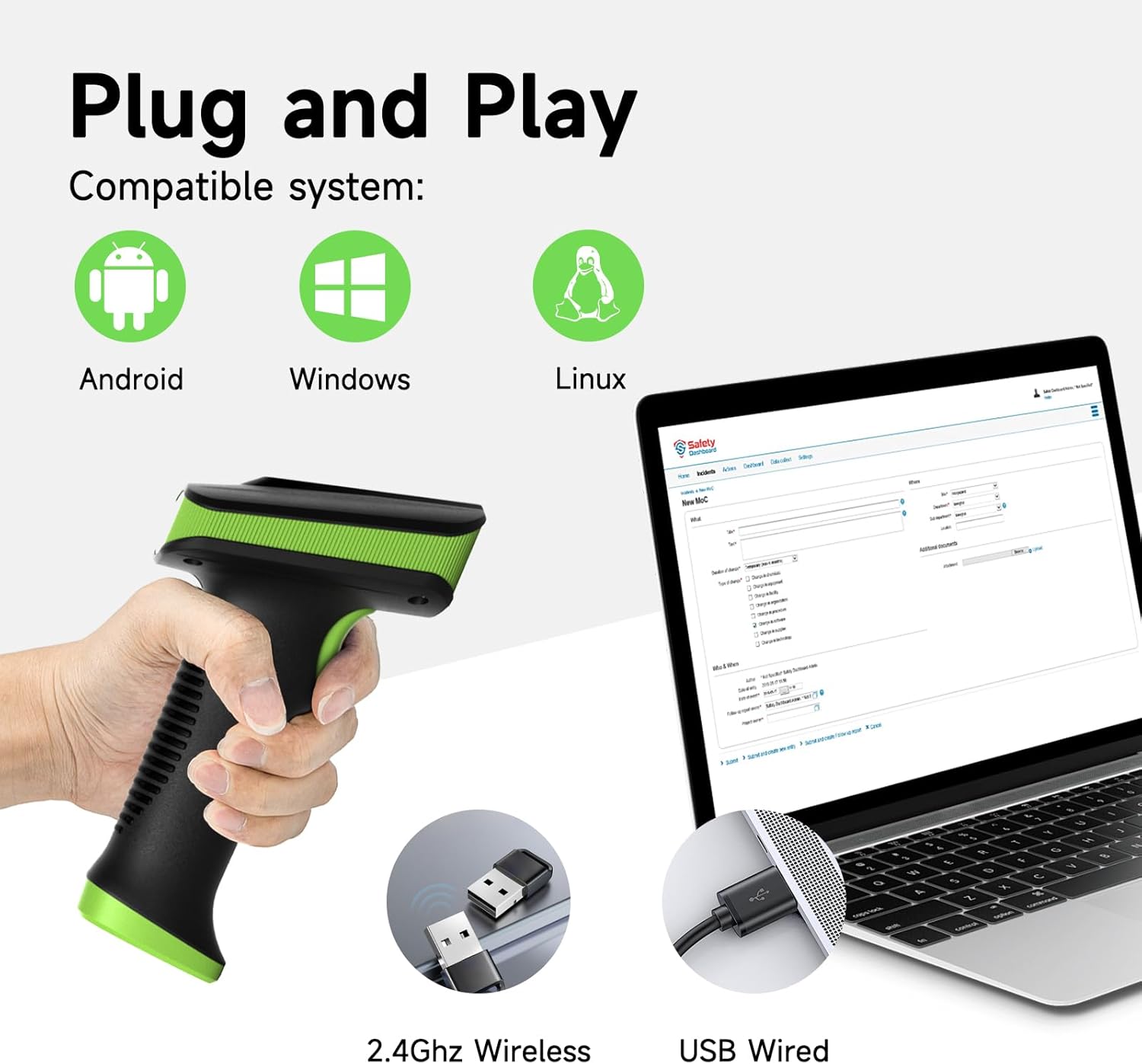 Hand holding barcode scanner, with laptop and icons for Android, Windows, Linux, 2.4GHz Wireless, and USB Wired