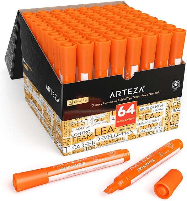 ARTEZA Orange Highlighter Pens, Set of 64, Wide Chisel Tips, for Office, School, Beginners & Experts