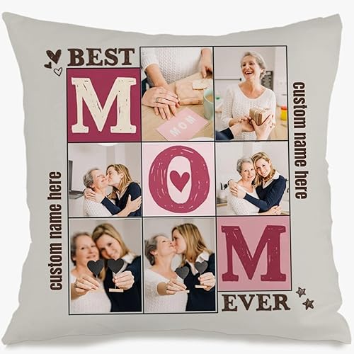 Customizable Pillowcase with 6 Images and Text Dedicated to Mom, Decorative Cushion offering a Warm Gift for Anniversaries Birthdays Christmas or