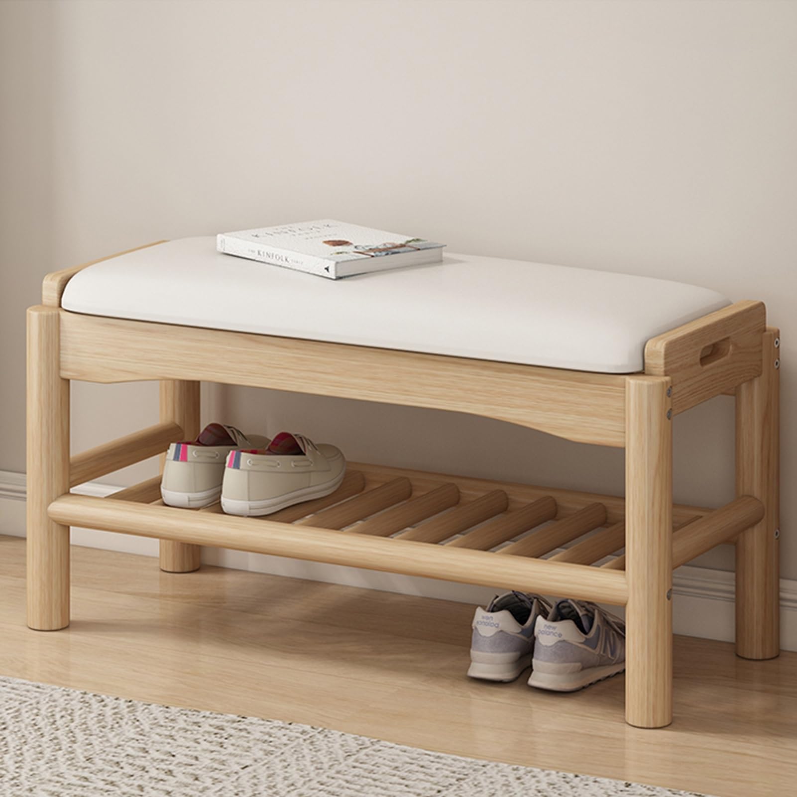 Banc à chaussures en bois massif et simili cuir pour l'entrée du salon