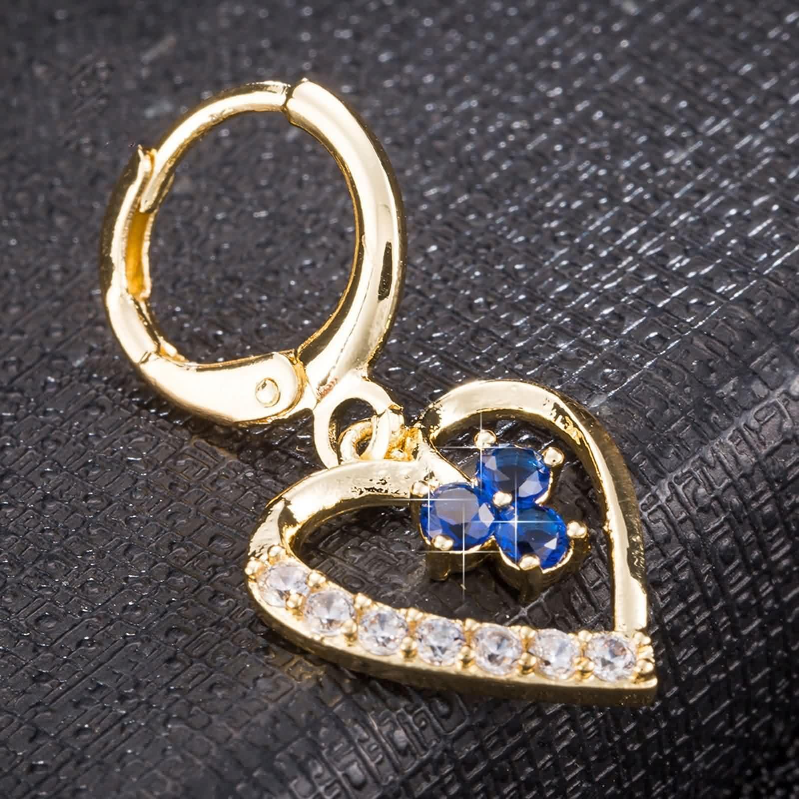 AMDXD Pendientes de aro para mujer de oro de 18 quilates, pendientes de aro con corazón hueco con zafiro azul, laboratorio creado en laboratorio, pendientes pequeños Au 750