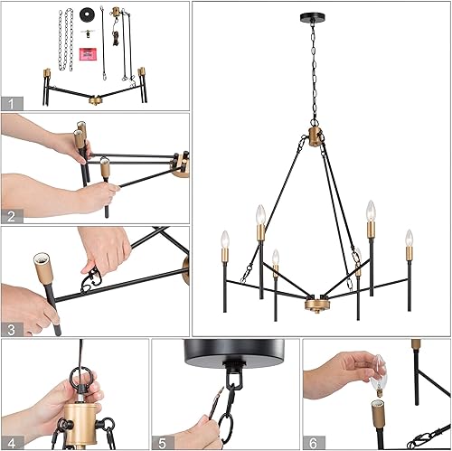 Miniatura 7 de LALUZ Candelabro negro y dorado, lámpara moderna de mediados de siglo de 6 luces, lámpara de araña grande de 27 pulgadas con soporte para lámpara de