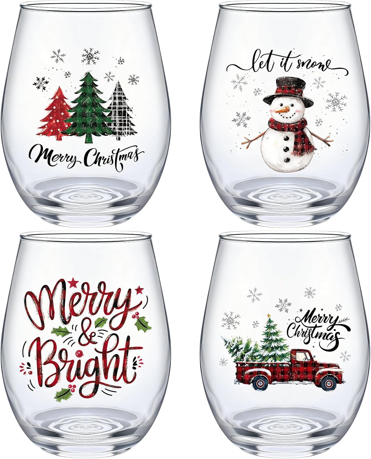 4 Pcs Christmas Stemless Wine Glasses 18oz Plaid Christmas Tree Snowman Drinking Glasses Holiday Tumbler Farmhouse Cups for Xmas Winter Party Gifts Supplies