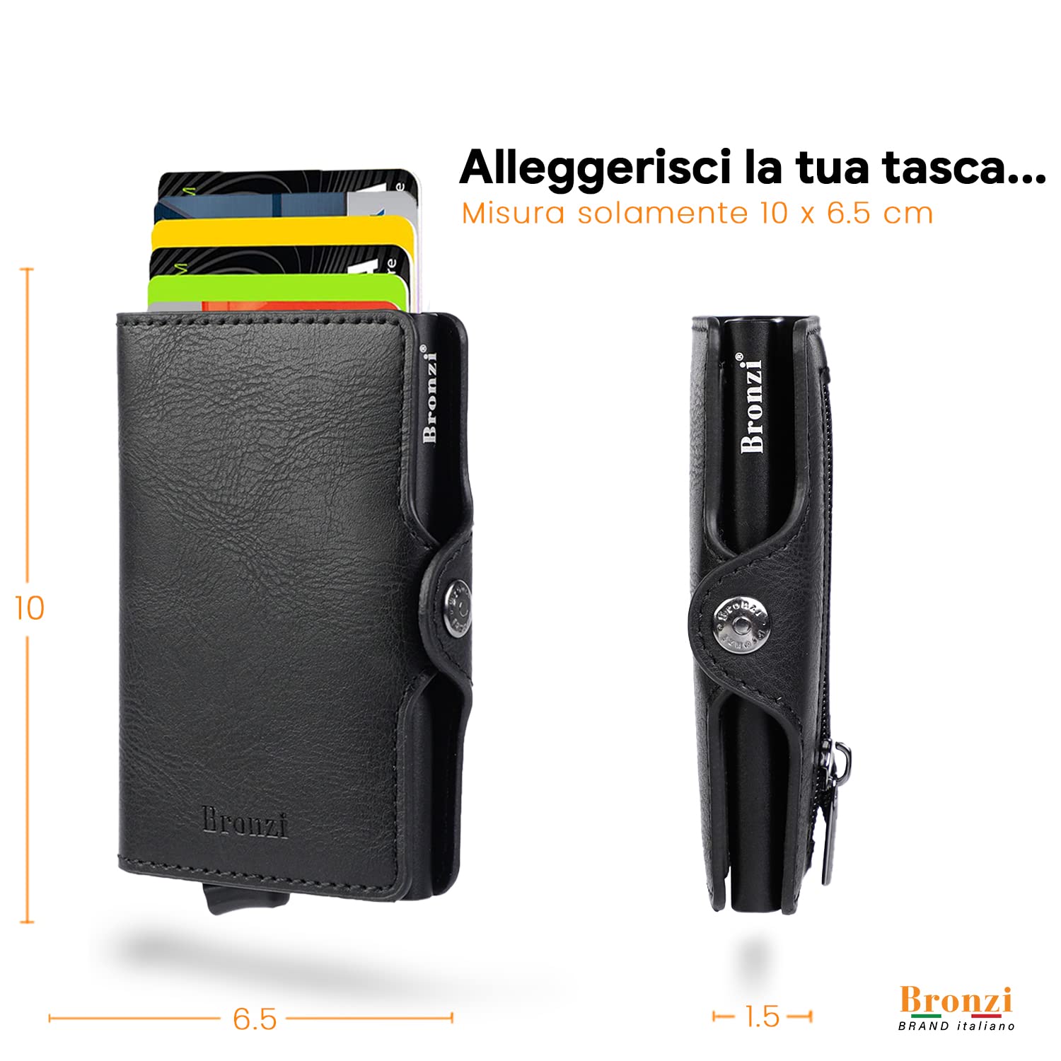 Bronzi® Portafoglio Uomo Slim Piccolo | Portacarte Uomo Donna Portatessere Porta Carte Di Credito | Portafogli Mini Protezione RFID con Portamonete | Box Regalo - Brand Italiano