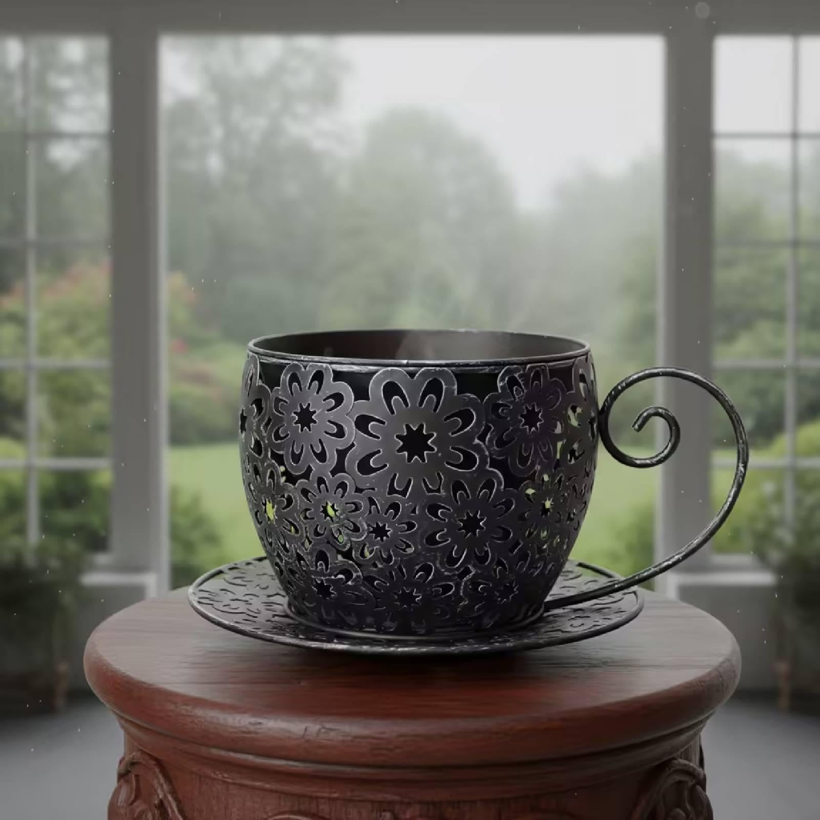 F Fityle Vaso da Fiori a Forma di Tazza da tè, Vaso Decorativo Antico in Metallo Cavo per Piante, Ideale per L'Estate, Balcone, Stile Rustico, Patio e, Nero