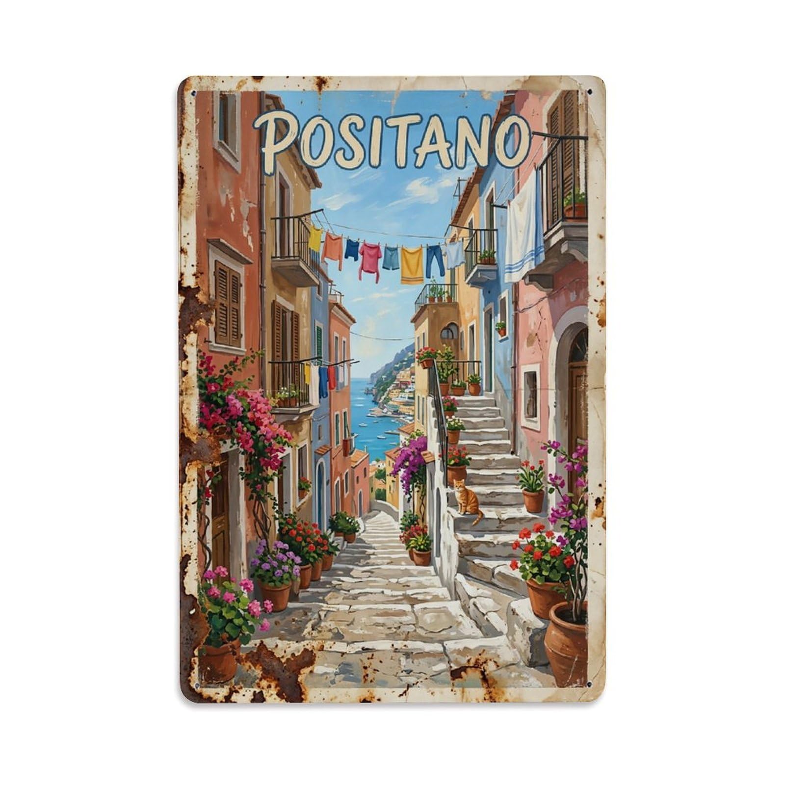 Huiyhb 8X12inch(20X30cm) Vintage Travel Positano Italy Stairway Alley Cat Metal Tin Sign