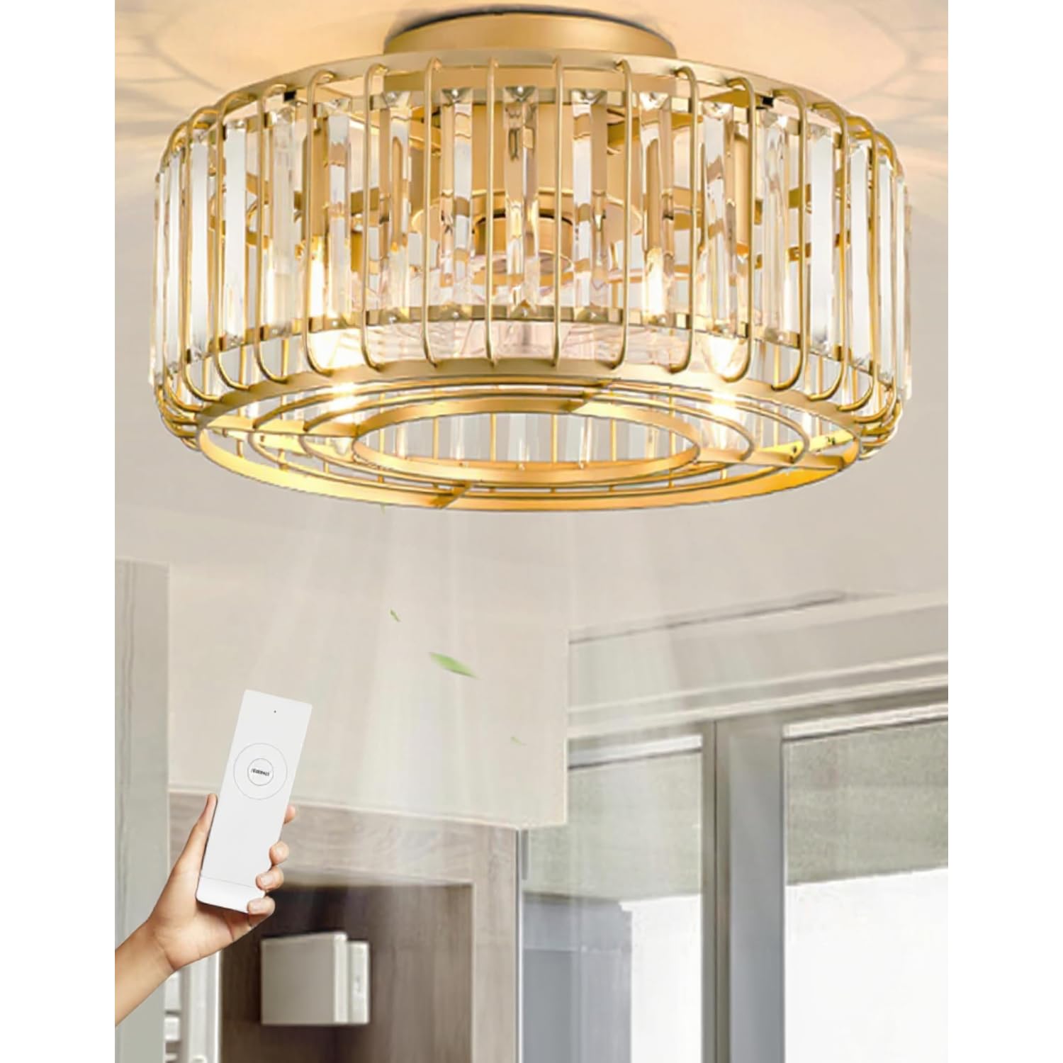 Prop It Up Fandelier, Modern Crystal Ceiling Chandelier with Light, 22.5-inch Gold Caged Design, E27 Bulb Compatible, Smart Home Lighting Fixture-image-38