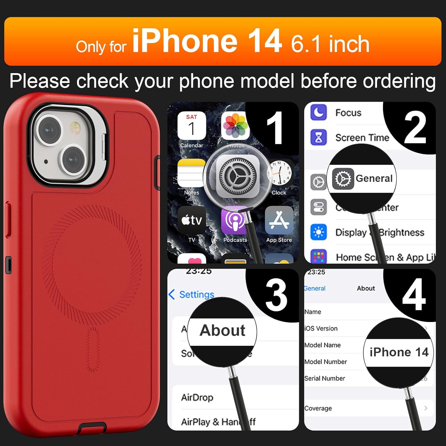 Follaroma for iPhone 14 Case with Stand & Built-in Camera Cover, MagSafe Compatible, Heavy-Duty Shockproof Protection, Magnetic & Rugged Phone Cover for iPhone 14 6.1'', Red