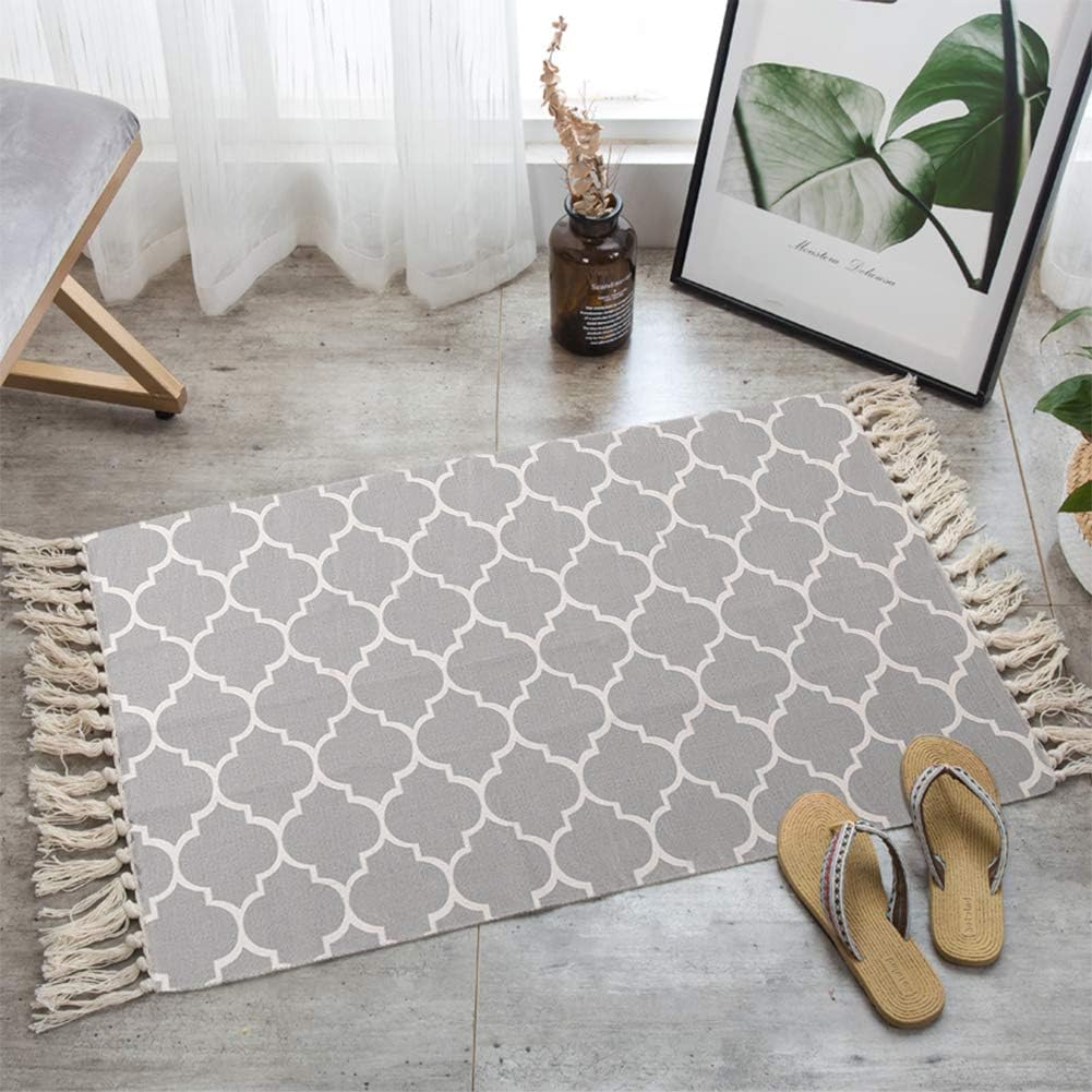 LEEVAN Moroccan Area Rug,Hand Woven Cotton Cream Chic Diamond Printed Tassels Throw Rugs Door Mat,Indoor Floor Rugs Compatible Bedroom,Living Room,Children Playroom (2' x 3', Moroccan)