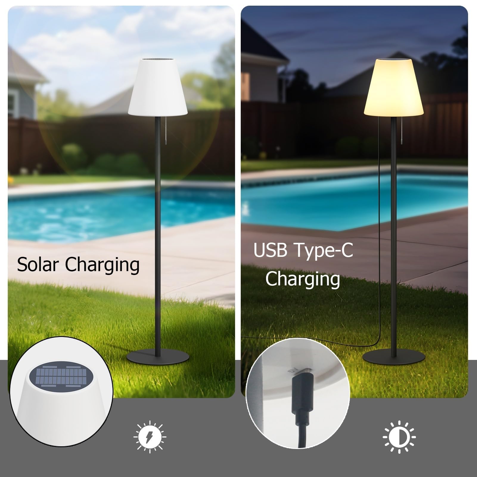 Lámpara solar de pie para exteriores, recargable por USB, inalámbrica, regulable, RGB de color blanco cálido, luces LED para patio, jardín, patio