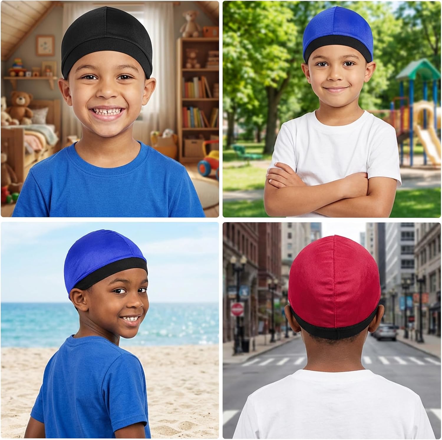 Sibba 3 Pcs Kids Silky Durag Satin Wave Caps Set Polyester Durags Head Wrap Unisex Baby Durags Beanie Cap 360 Wave Wide Strap Skull Caps for Boy Toddler Girls (Black, Blue, Wine Red)