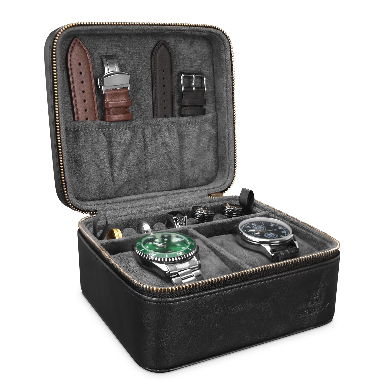 HVMBEUGOS 2 Slots Watch Travel Case with Accessory Compartment, Watch Straps, Rings, Cufflinks Portable Storage Travel Case, PU Leather Watch Box Organizer Case with Zipper, Ideal for Gift (Black)