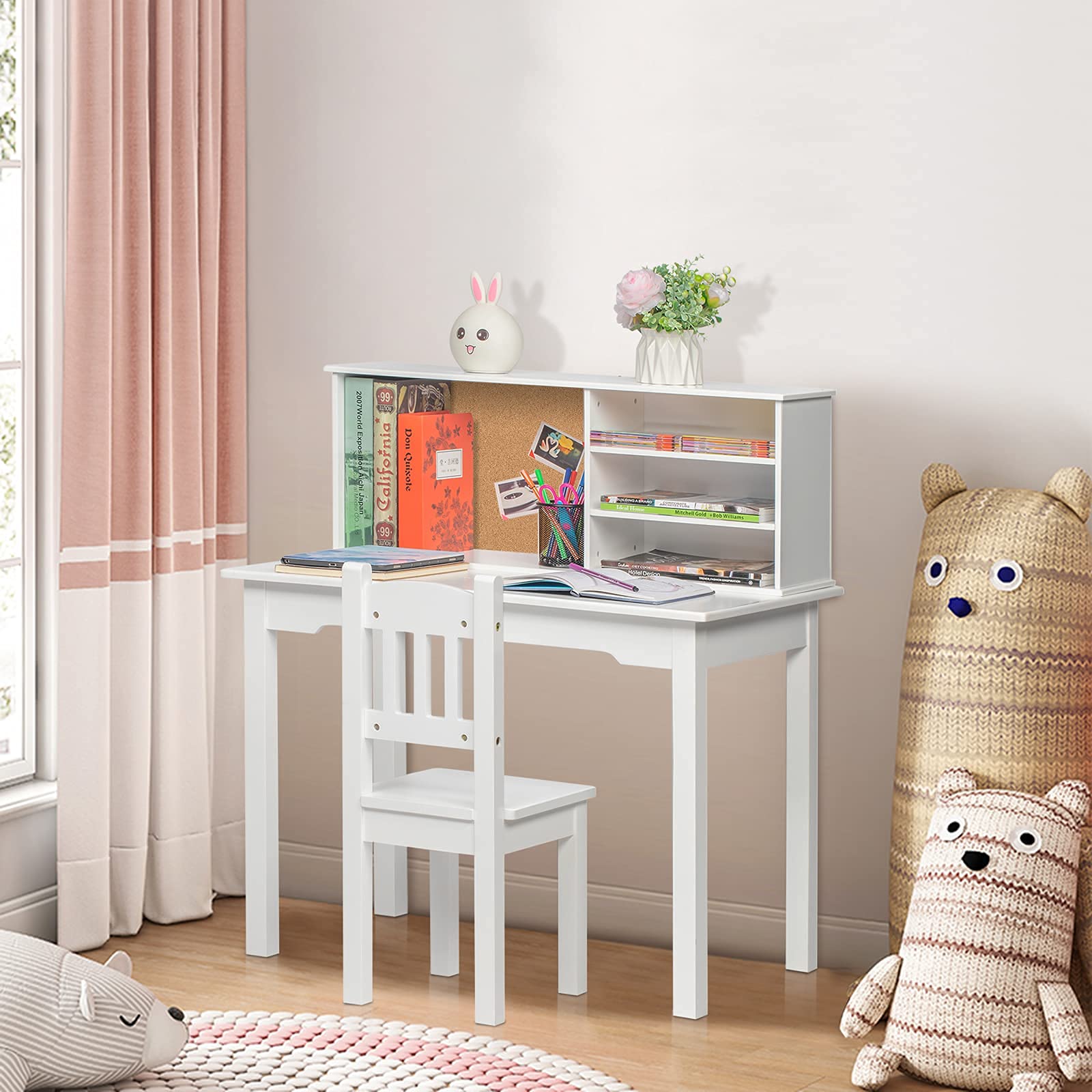 JOYMOR Kids Desk and Chair Set, Kids Wooden Study Desk with Hutch, Cork Bulletin Board