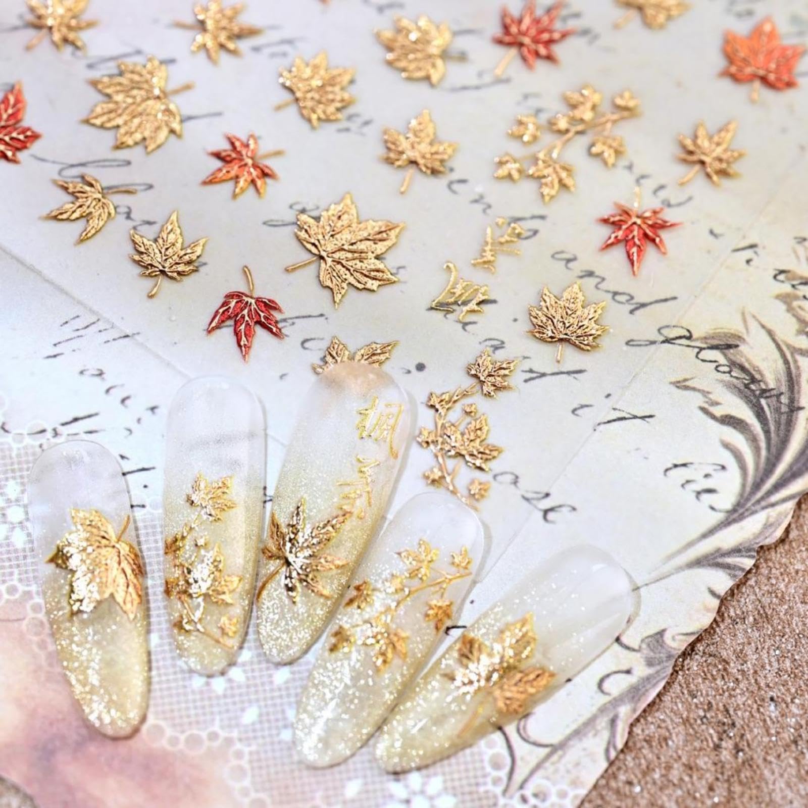 Maple Leaf Nail Stickers Fall Nail Art Stickers Gold Nail Decals with Glitter Design 5D Self Adhesive Autumn Leaves Nails Charms Supply for Women Girls Thanksgiving Day Manicure DIY Decoration