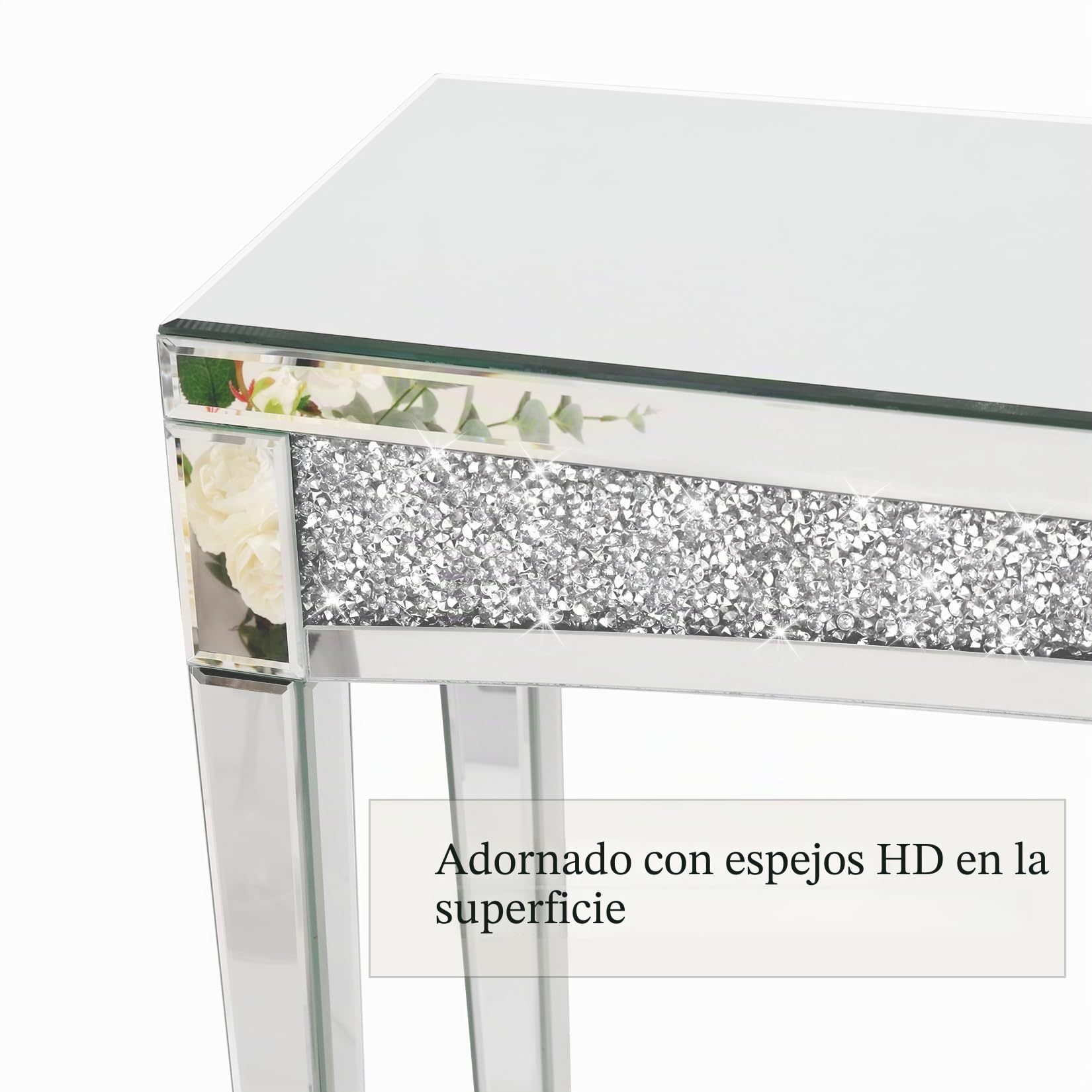 Mesa Consola de Entrada con Superficie de Espejo: 120x35x80cm Mesa de Pasillo Plateada Moderna de Cristal con Diamantes Brillantes Decoración Lujosa para Recibidor Tocador Salón Dormitorio