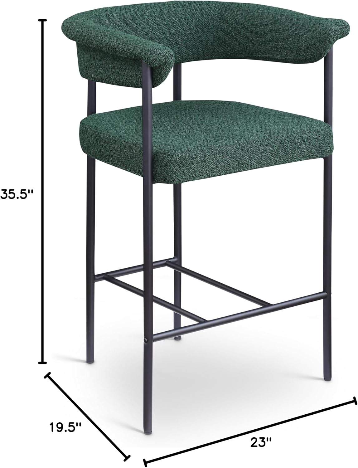 Meridian Furniture 412Green-C Malin Collection Modern | Contemporary Counter Stool, Rich Green Boucle Fabric, Iron Metal Frame, Counter Height, 23" W x 19.5" D x 35.5" H, Green, Set of 2
