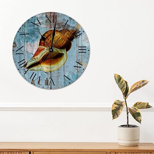 Miniatura 72 de ArogGeld Reloj de pared de PVC de mediados de siglo, concha, números de playa, estilo océano con números romanos de 10 pulgadas, funciona