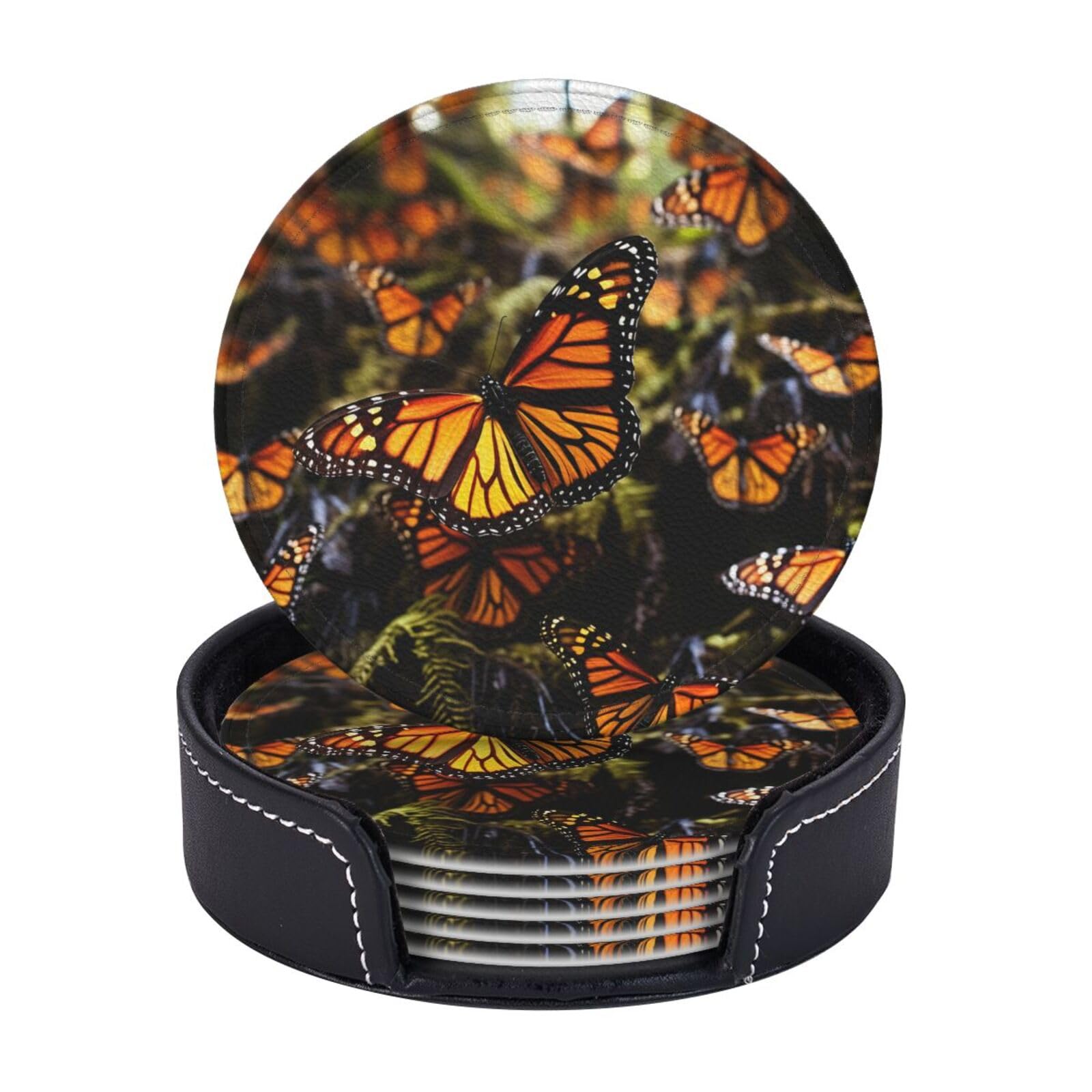 Round Coasters for Drinks Set of 6 - PU Leather Coasters with Holder - Modern Drink Coasters for Coffee Table - Heaps of Orange Monarch Butterflies Coaster for Tabletop Protection 4" Cup Mat Pad