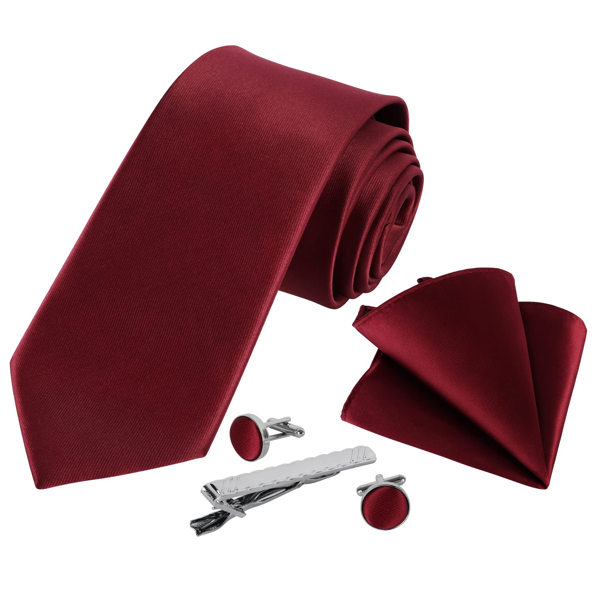 Beaface Men's Burgundy Ties Set, Red Ties For Wedding Business, Ties And Pocket Square Cufflinks Tie Clip 5 Pcs Set (Burgundy)