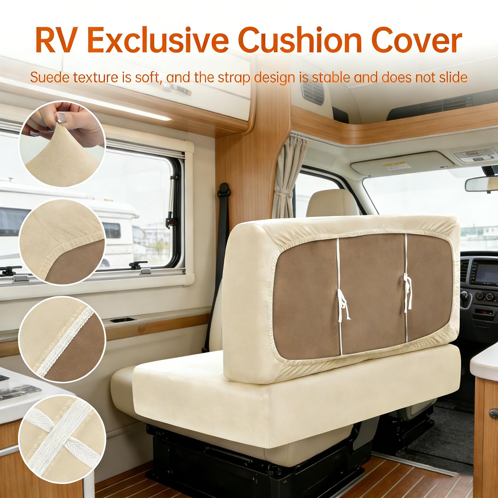 Copricuscini per Camper, 2 pezzi Elasticizzati Coprisedili Jacquard Copridivano per Camper RV Lavabile Fodere Cuscini Dinette per Caravan (Velluto, Beige)