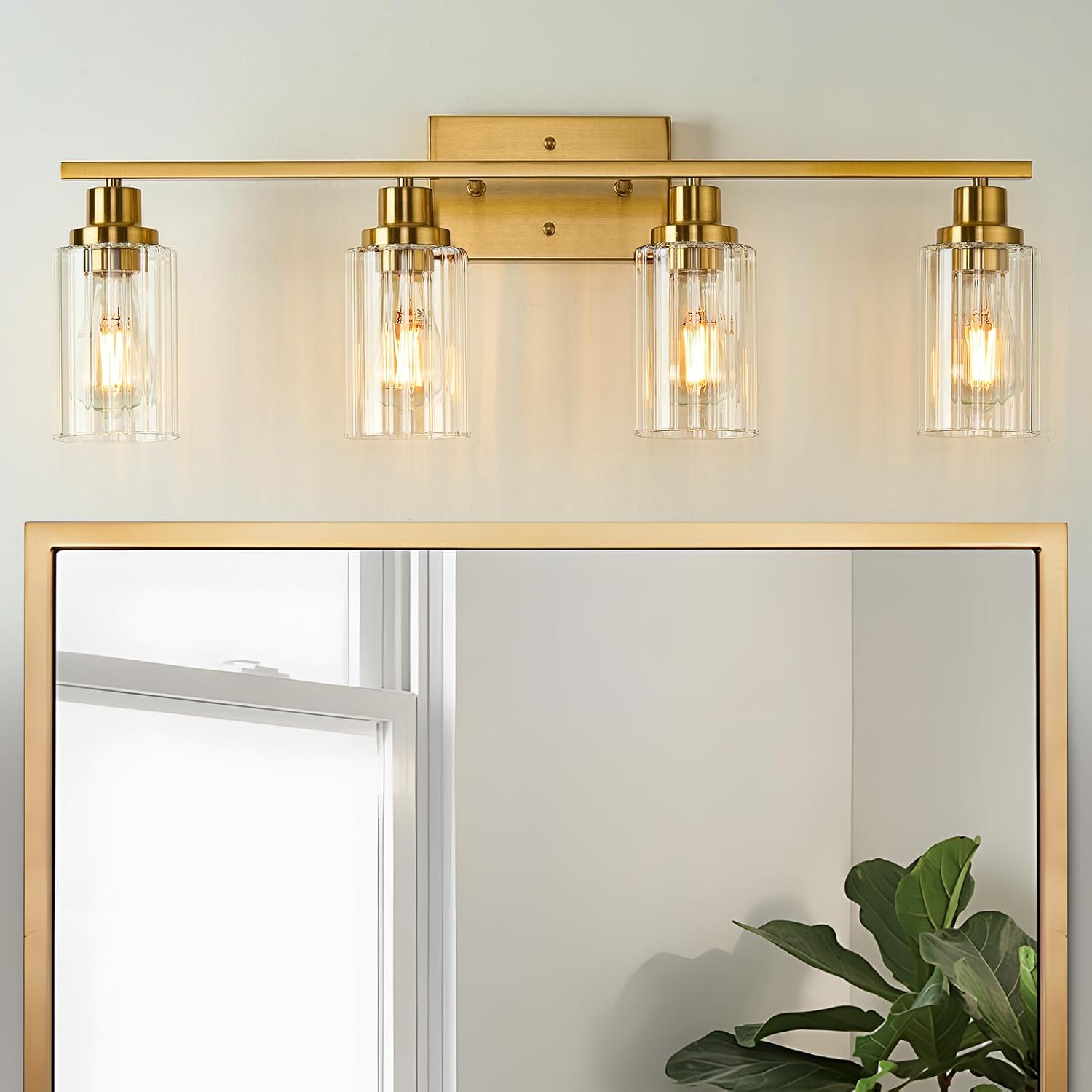 Jonsi Brushed Gold Bathroom Light Fixtures, 4-Light Brushed Gold Vanity Light, Bathroom Vanity Light with Stripe Glass Shade, E26 Wall Sconces Over Mirror for Bathroom, Living Room, Hallway
