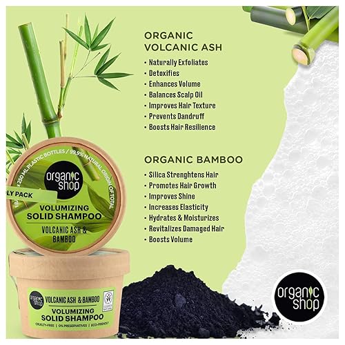 Miniatura 3 de Organic Shop Barra de champú sólido voluminizador de bambú y ceniza volcánica, 100% vegano y orgánico, sin parabenos y 0% conservantes, ecológico y