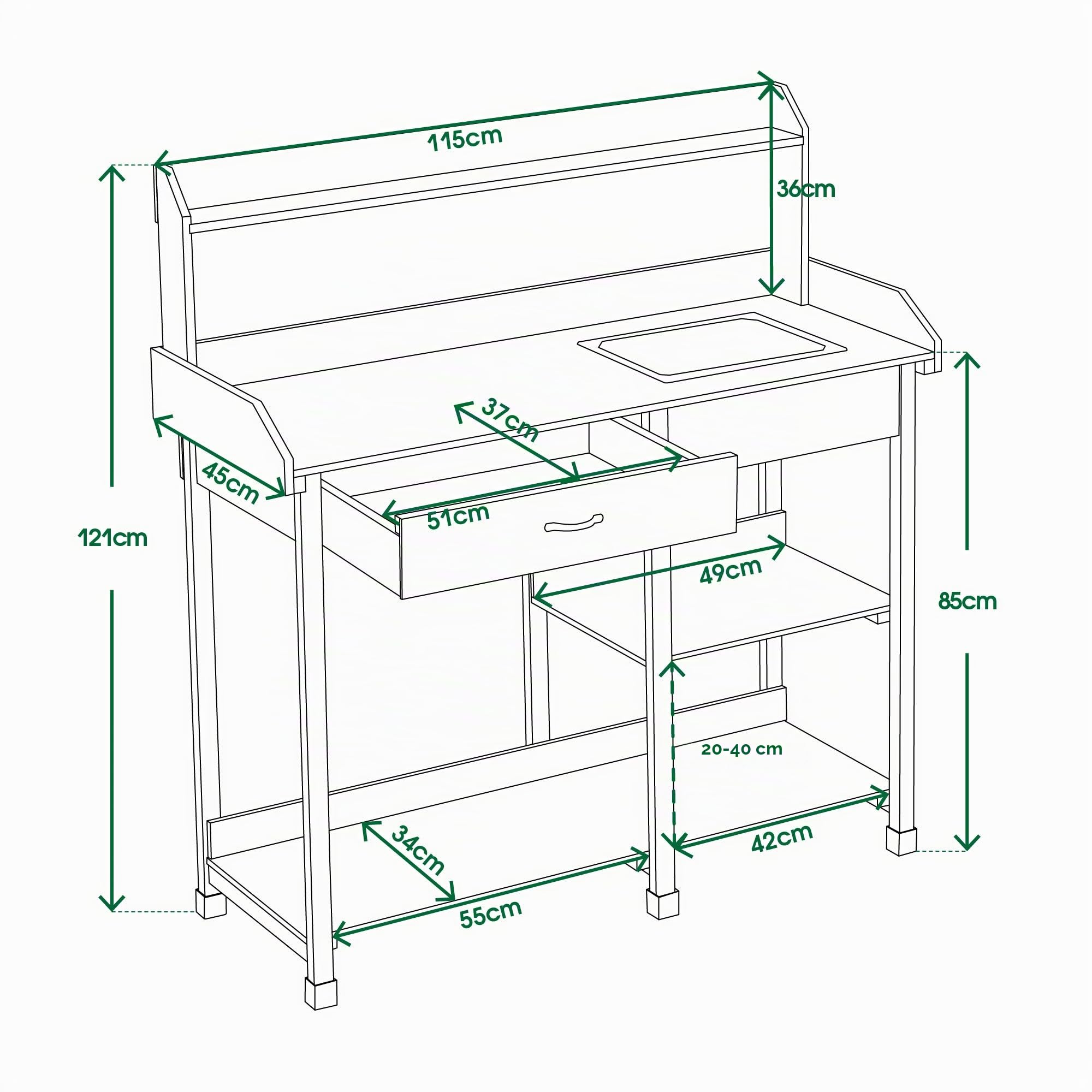 MCombo 0458 - Tavolo da giardino con lavabo e ripiano in legno, resistente alle intemperie, 115 x 45 x 121 cm, (Naturale, 115 cm (L) x 45 cm (B) x 121 cm (H))