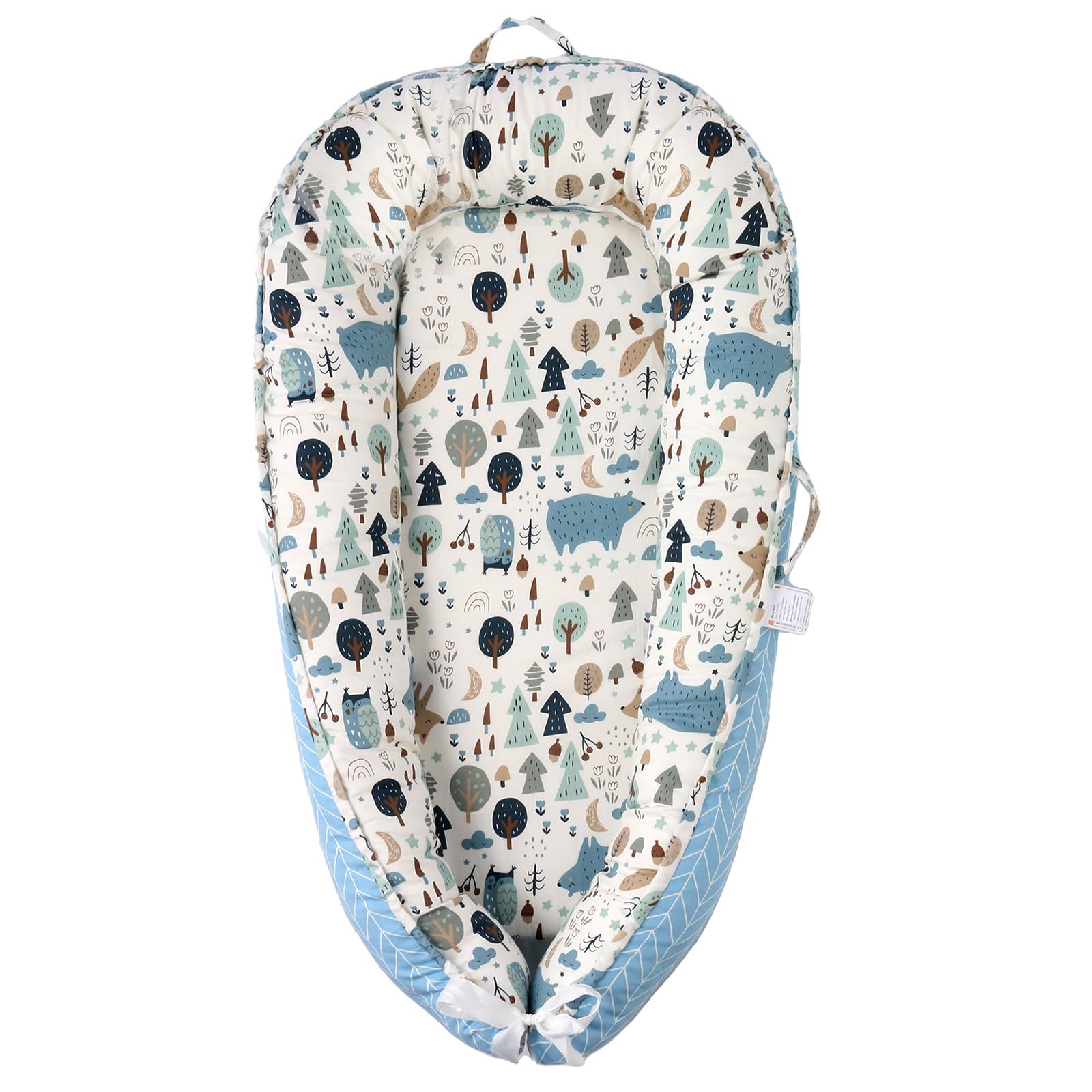 Baby Lounger, 100% Cotton 0-24 Months Breathable Soft Baby Nest Co Sleeper, Reversible Adjustable Portable Baby Lounger Nest for Newborn, Infant Lounger for Home & Travel (Blue Animals)