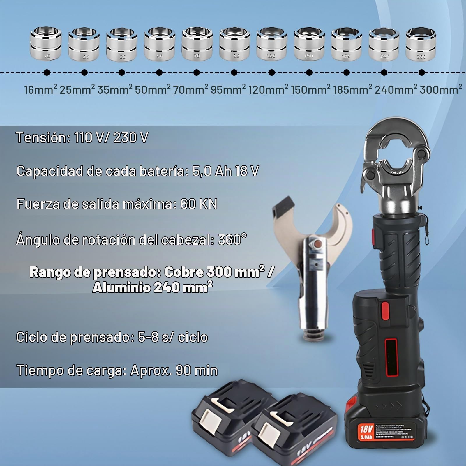 Herramienta Eléctrica para Crimpado con Batería de 18V y 2x 5Ah, Herramienta de Prensa para Crimpado Tuberías Cobre, 11 Matraces, Incluye Pinzas Corte(Without pliers)
