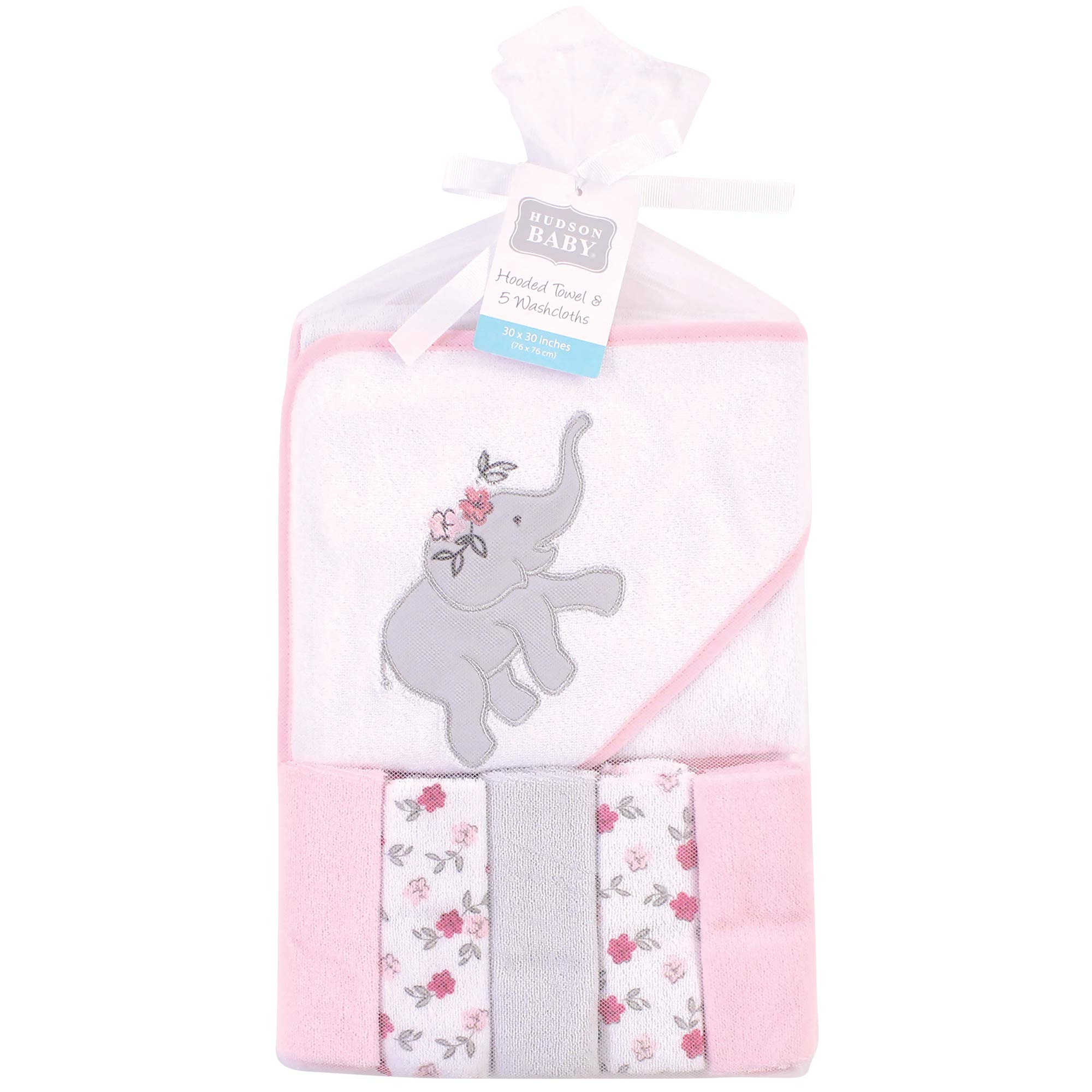 Hudson Baby Unisex Baby Hooded Towel and Five Washcloths, Floral Elephant, One Size