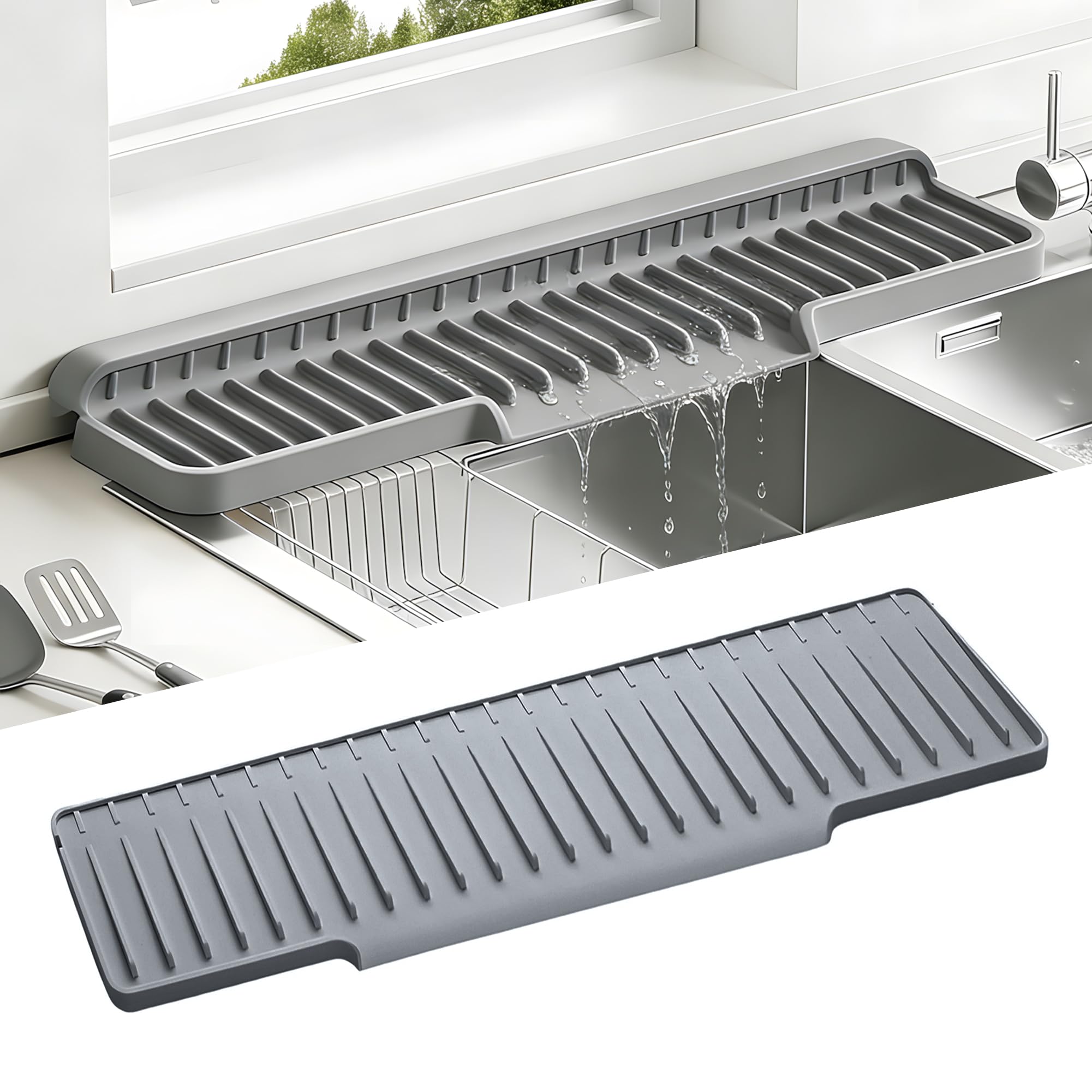Volminex Silicone Sink Faucet Mat, Sink Splash Guard, Tap Draining Mat, Foldable Drain Rack, Smart Kitchen Gadget, Narrow and Long Sink Protector for Kitchen Countertop and Bathroom (Grey, 45×15cm)