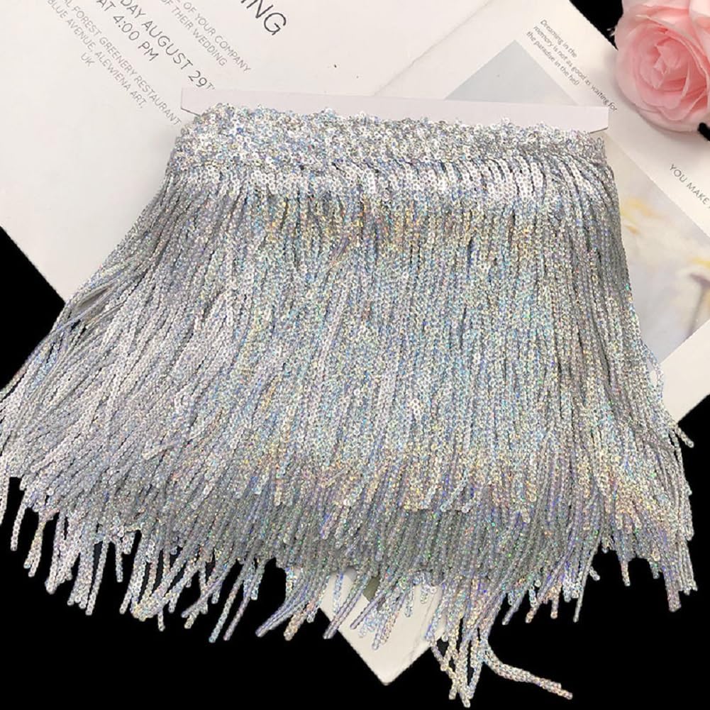 Yalulu Sequins Fringe Trim, Metallic Lace Tassel Trim Sequin Tassel for DIY Clothing and Latin Wedding Dress Decoration (Silver) - 5 Yards