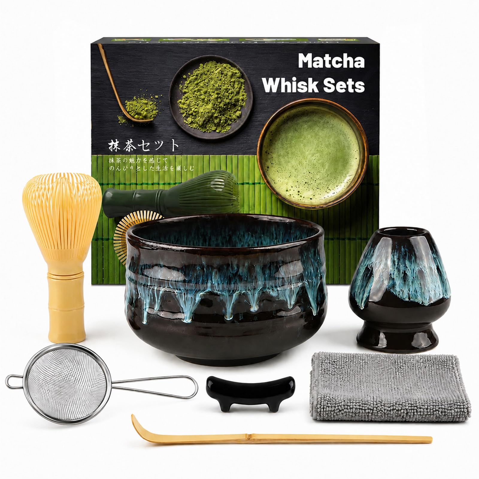 Lafefe Matcha Set, 7PCS Ceramic Matcha Kit with Gold Reactive Glaze Bowl, Yellow Matcha Whisk, Sieve, Holder & Spoon, Japanese Tea Ceremony Tools for Matcha Latte Making & Gift (Sand Gold)