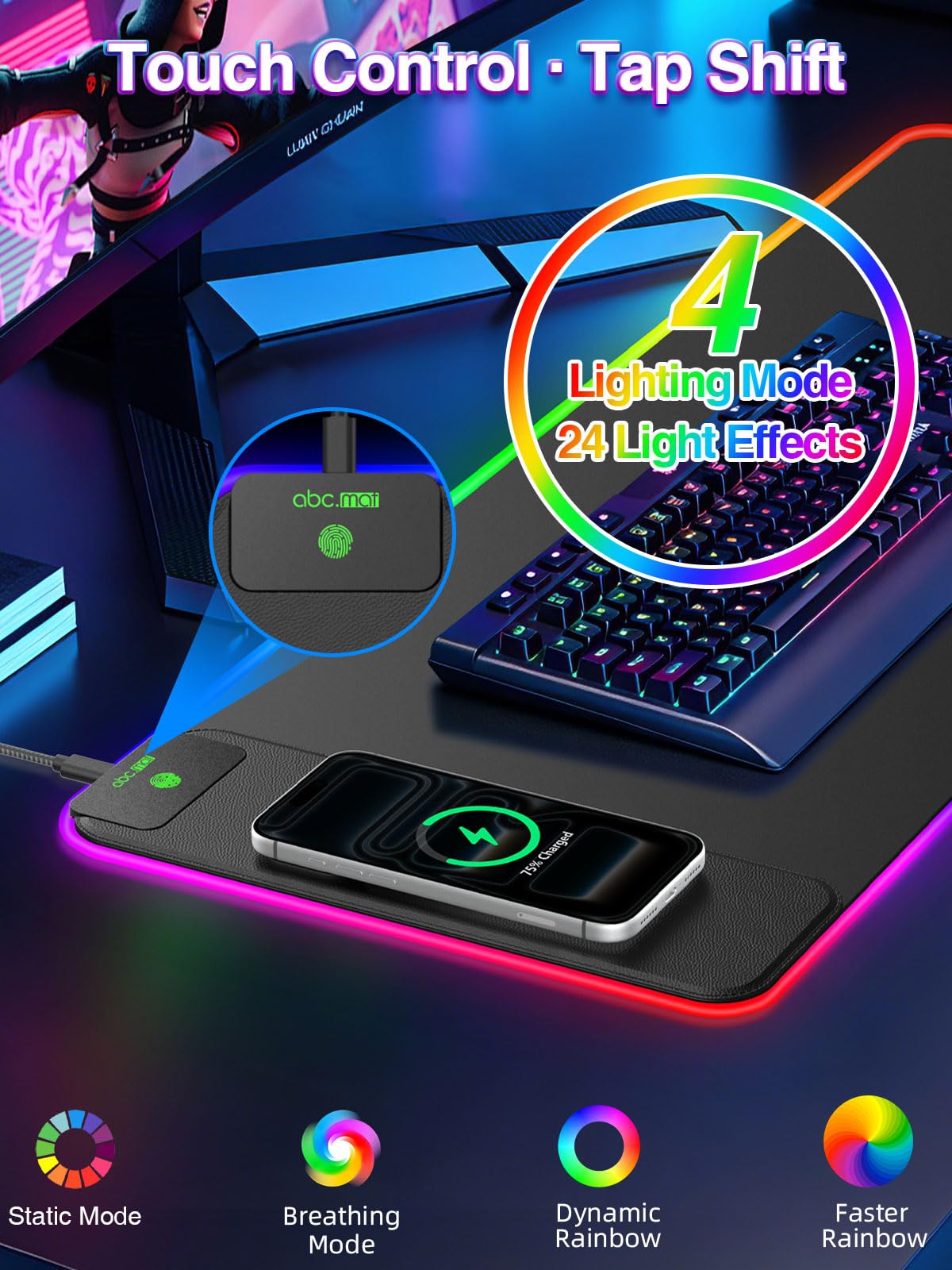 Tappetino per mouse RGB con ricarica wireless magnetica, 80 x 30 cm, grande tappetino da scrivania a LED, 24 effetti di luce, base in gomma antiscivolo, superficie ultra liscia impermeabile