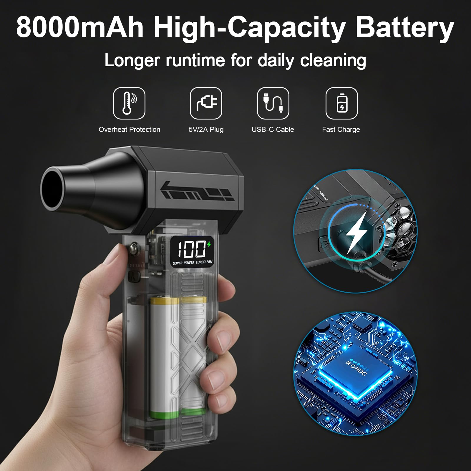 2 en 1 soplador de polvo eléctrico y mini aspiradora – 180.000 rpm pulverizador de aire comprimido con potencia turbo de 100 niveles comprimido con pantalla LED 8000 mAh batería soplador para PC