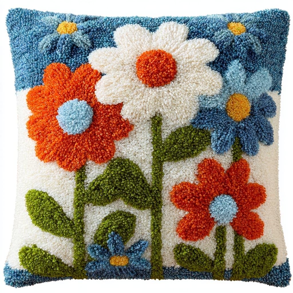 Henypt Latch Hook Kits for Beginners & Adults,Daisy 43x43cm DIY Pillow Cover Craft,Easy Crochet Needlework Kit with Full Accessories