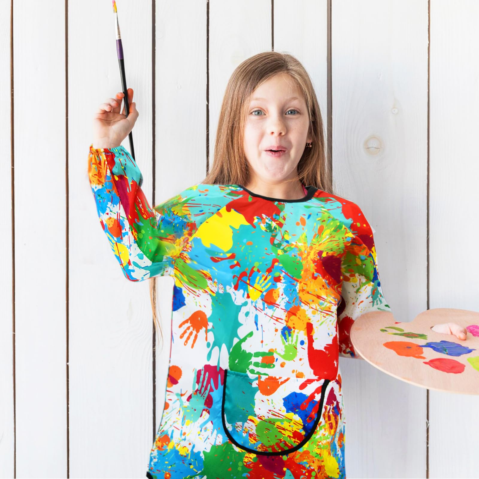 GEBETTER Babi Escolar Infantil, Delantal Niños, Delantal Infantil, Bata Escolar Pintura Impermeable Manga Larga Bolsillo Tira Espalda Guardería Colegio Escuela Casa, Niño Niña 7 8 9 10 11 Años