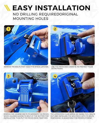 Miniatura 6 de Xprite Pestillos de aluminio para capó con bandera de Estados Unidos, kit de pestillos ajustables para capó compatible con Jeep Wrangler JK JKU