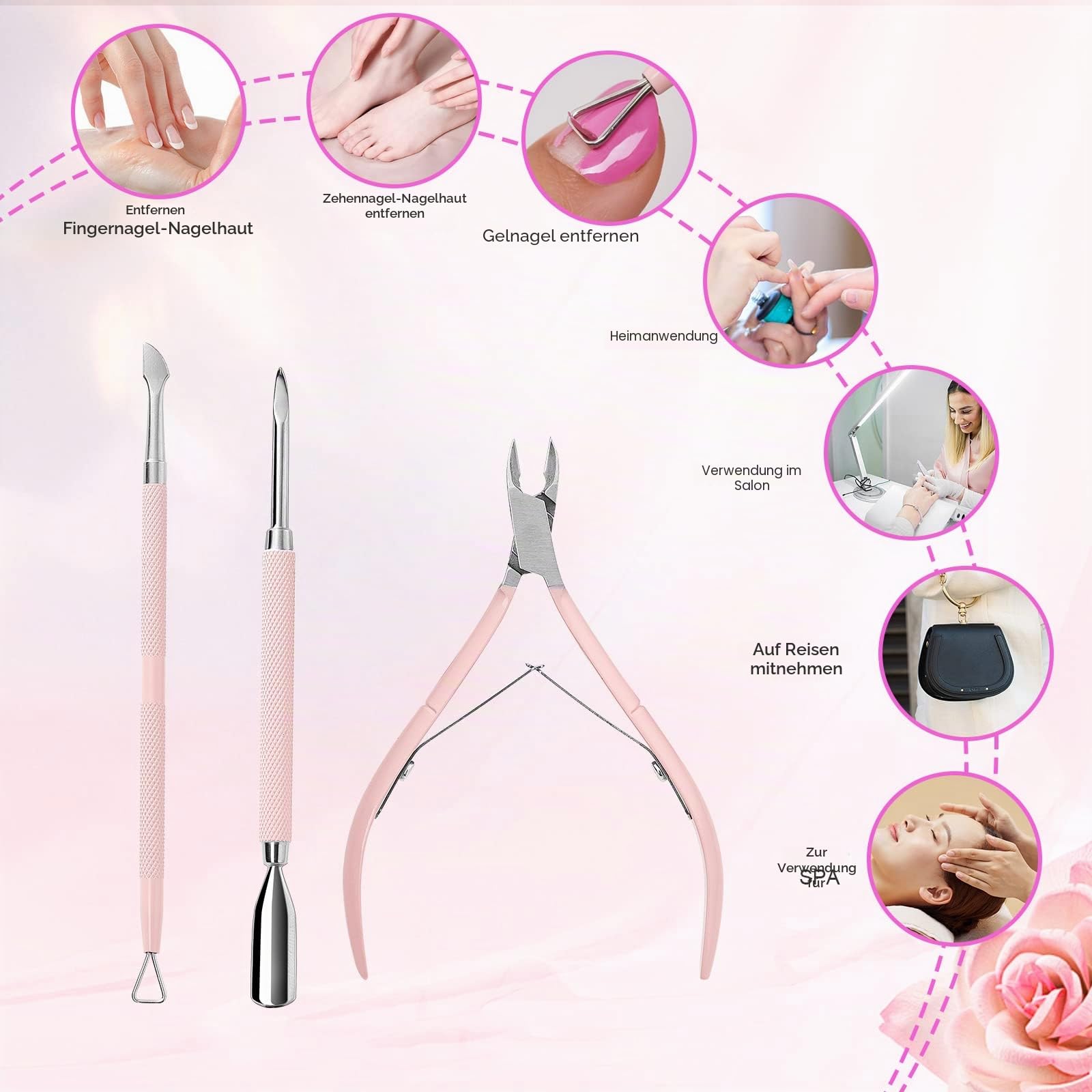 Makartt Nagelhautzange mit nagelhautentferner - 3 Pcs Rosa Cuticle Remover Tool, Professionelle nagelhautschere set mit Edelstahl-Nagelhaut Trimmer, Doppelend Nagelhautschieber und Nagelschaber