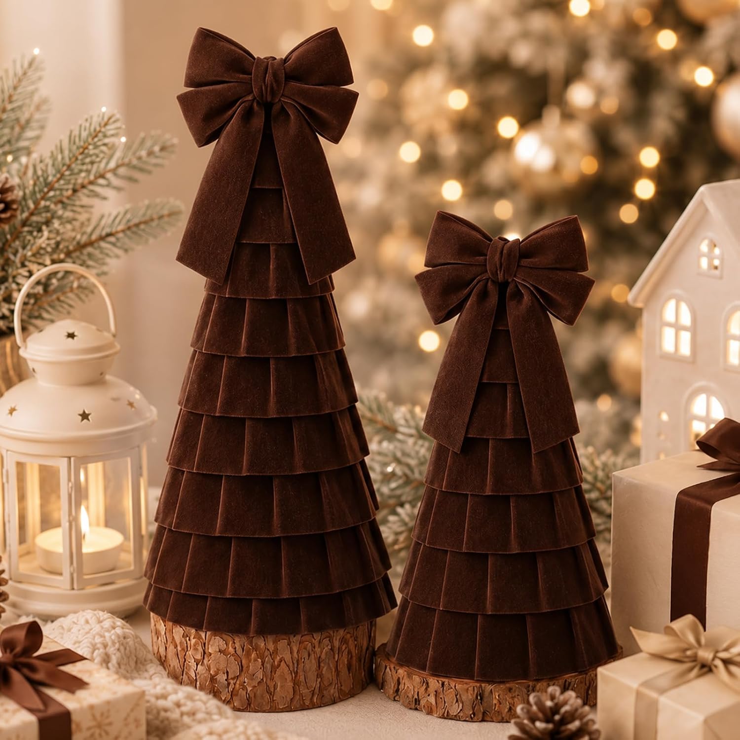 Vicenpal 2 Pcs Chocolate Brown Christmas Trees Tabletop Decor Decorative Pleated Bow Velvet Christmas Trees for Table Centerpiece Home Bookshelf Office Winter Mantel Accents Holiday Decorations