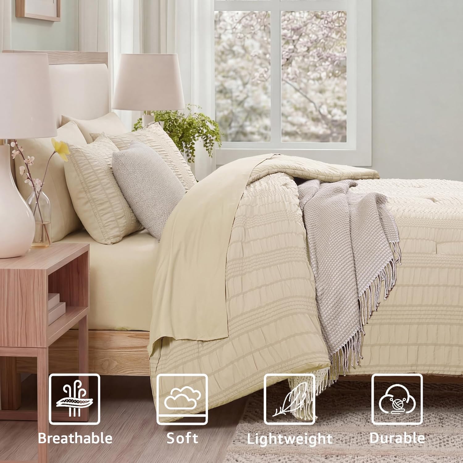 CASAAGUSTO Full Size Comforter Set, 7 Pieces Beige Seersucker Bed in a Bag Full Size Soft All Seasons, Bedding Sets with Comforter, Flat Sheet, Fitted Sheet, 2 Pillow Shams, 2 Pillowcases